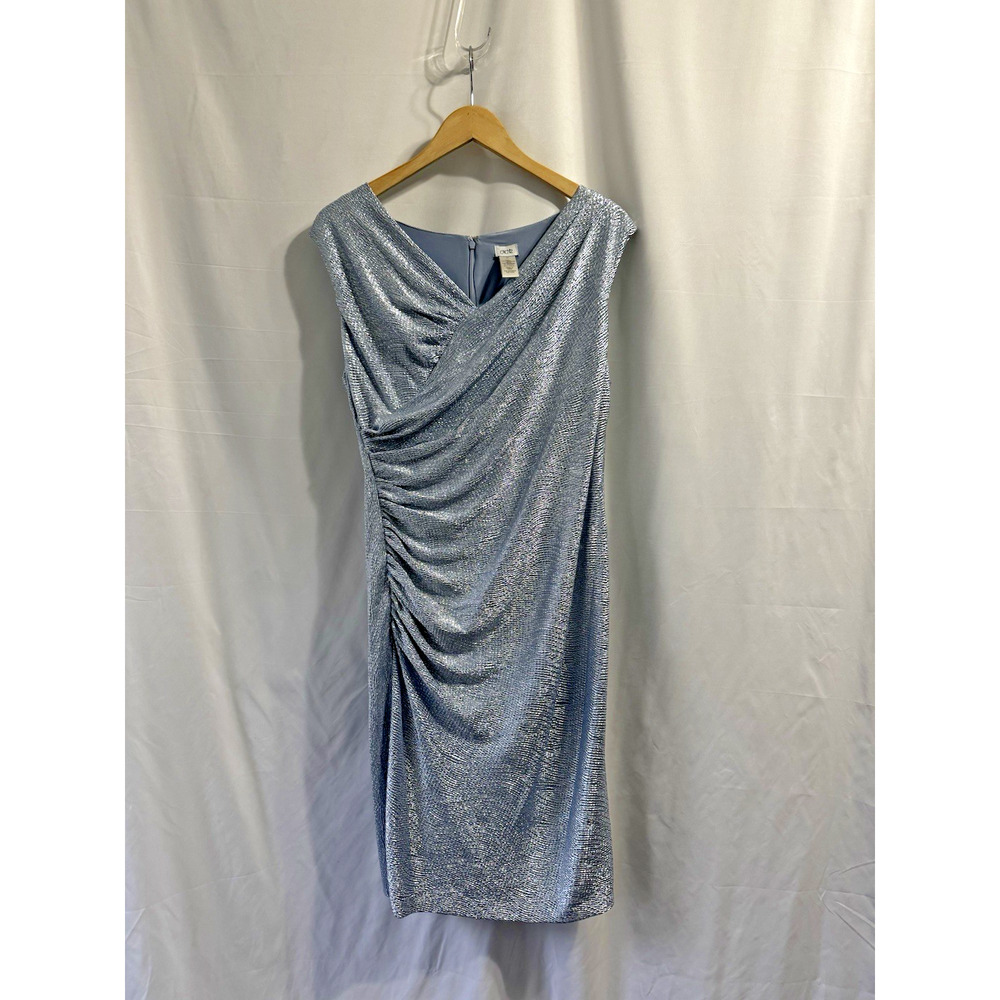 Cache Metallic 14 Cocktail Dress Ruched Blue Silver Party NYE Holiday Cocktail
